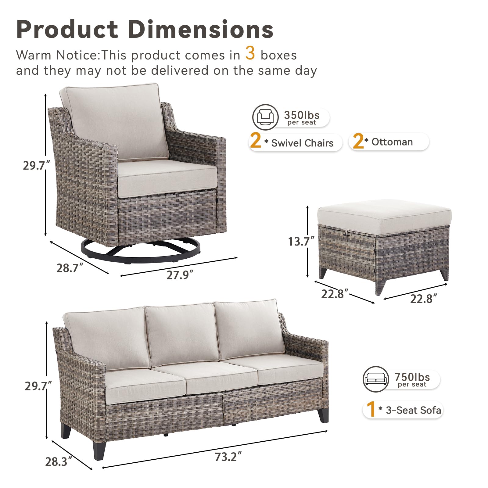 Outdoor Patio Furniture Set-5 Pieces All-Weather Wicker Outdoor Furniture with Swivel Patio Chairs Outdoor Patio Conversation Sets for Garden Porch Deck Grey/Beige