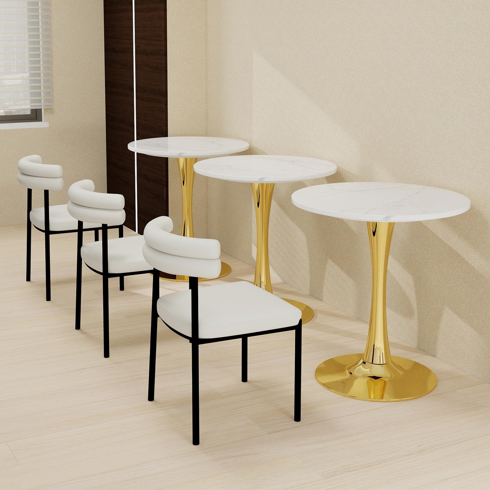 27.6" Marble Round Tulip Table, Mid-Century Modern Style Dining Table with Gold Pedestal Base for 2-4 People, Featuring A Marble Tabletop for Kitchen, Dining Room, Cafe (White)