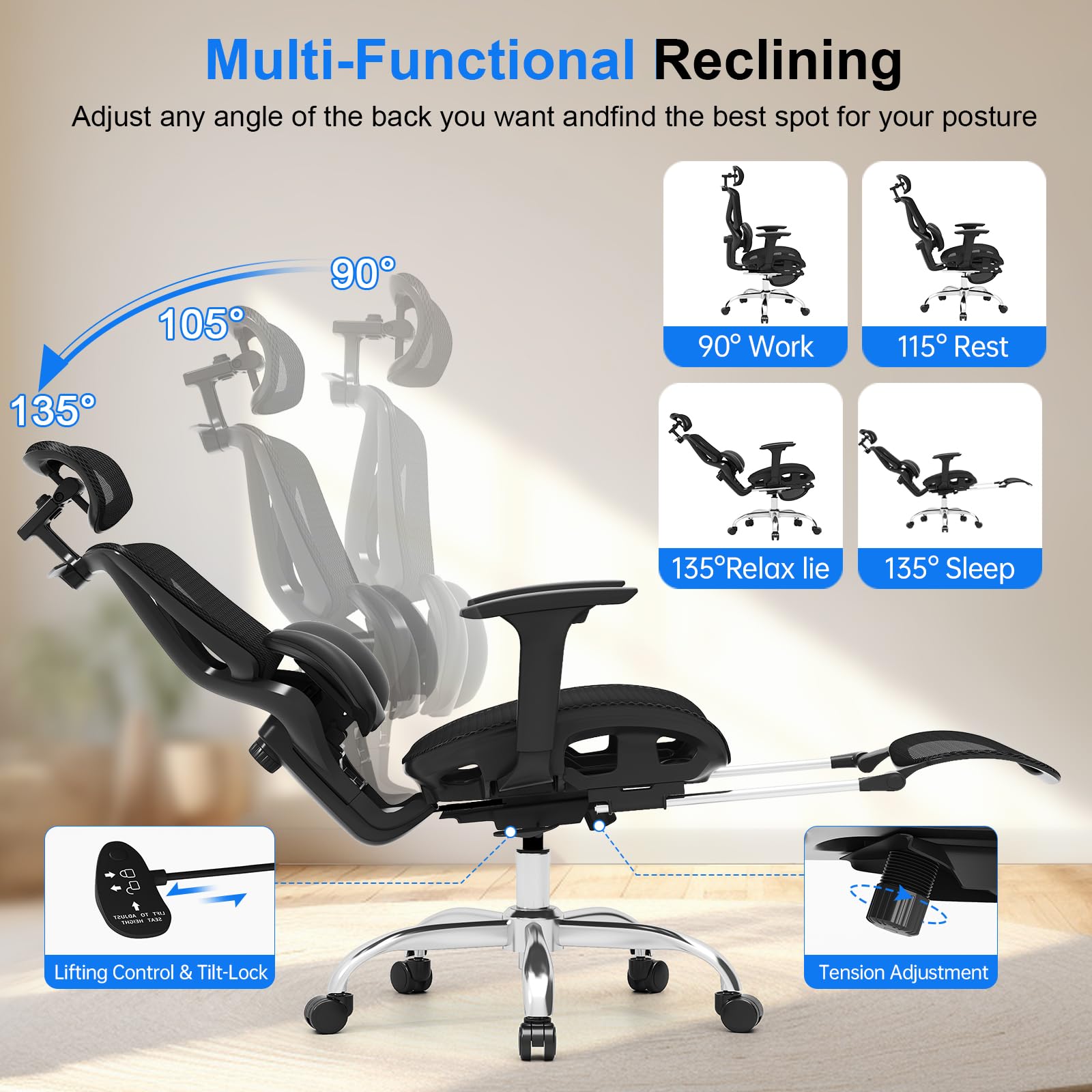 Ergonomic Mesh Office Chair, Home Desk Chair Comfy with Adjustable Lumbar Support 3D Headrest and Armrests, Reclining Big and Tall High Back Computer Gaming Chairs for Man Women, 350lbs Black