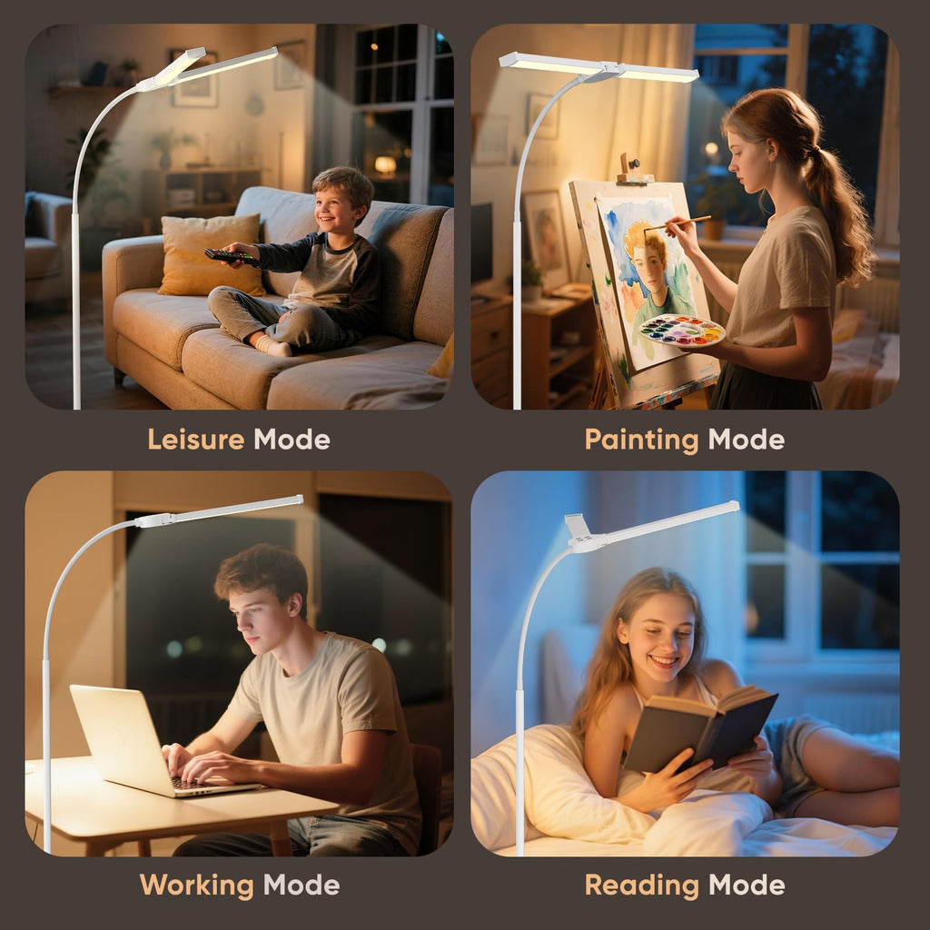 LED Floor Lamp for Living Room, Bright Reading Lamps for Office, Adjustable Colors Temperatures&Brightness, Dual Head Goose Neck Standing Lamp, Remote and Button Control, Eye-Caring Tall Lamp, White