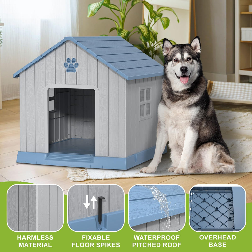 Dog House Indoor Outdoor for Small to Large Sized Dogs Indoor Outdoor Doghouse Puppy Shelter with Elevated Floor, Easy to Assemble (Blue, 31Inch(31.18 * 33.7 * 32.52))