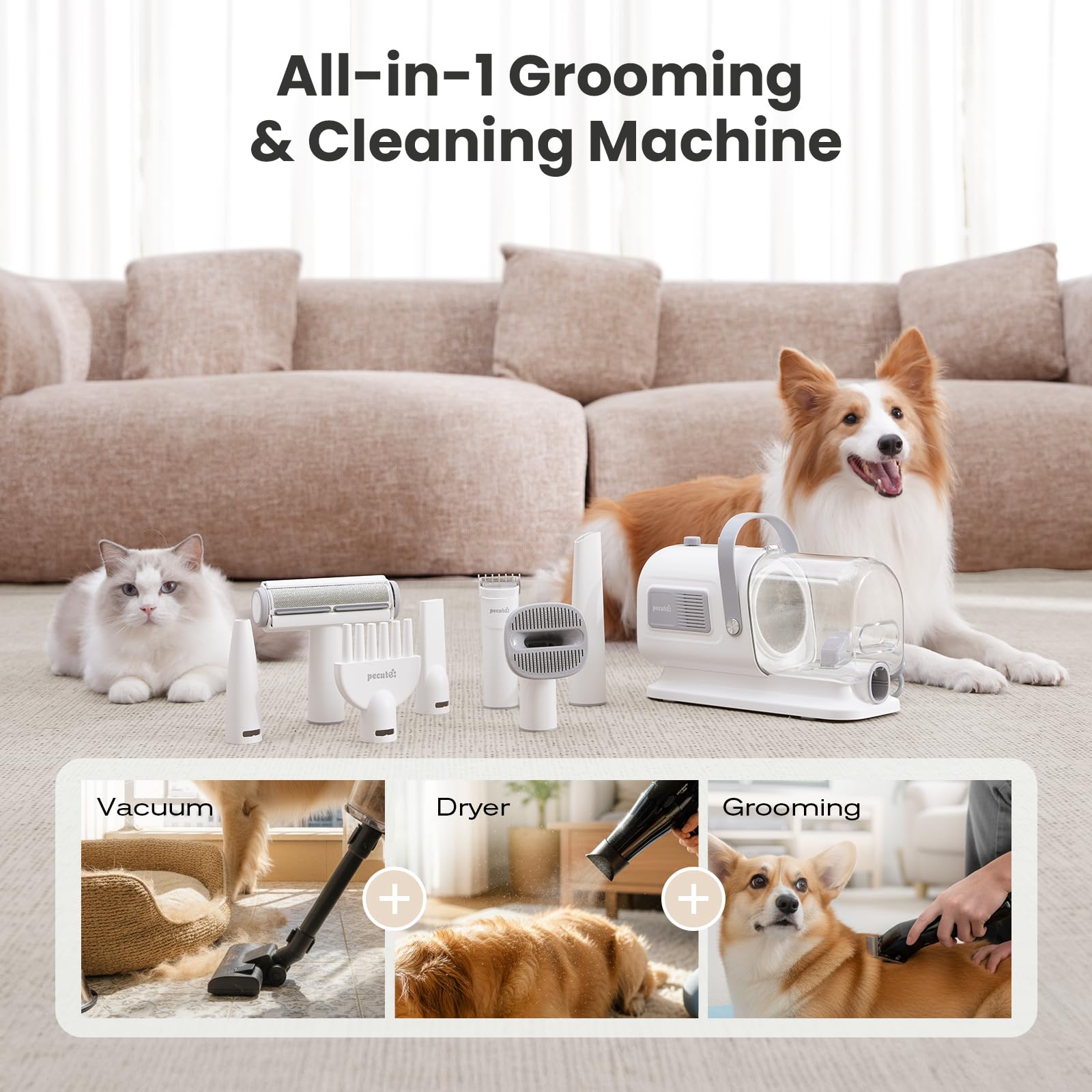 Dog Grooming Vacuum & Dryer, 7-in-1 Pet Grooming Kit with Clipper, 10000Pa Dog Vacuum for Shedding Grooming, Adjustable Speed & Temp, 55dB Low Noise,1.7L Dust Cup