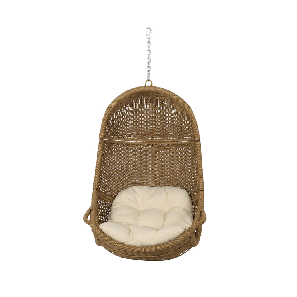 Hanging Basket Chair with Cushion, Outdoor Indoor Basket Chair, Boho Garden Rattan Lounger Porch Swing Furniture, Modern Patio Decor, Brown+Beige