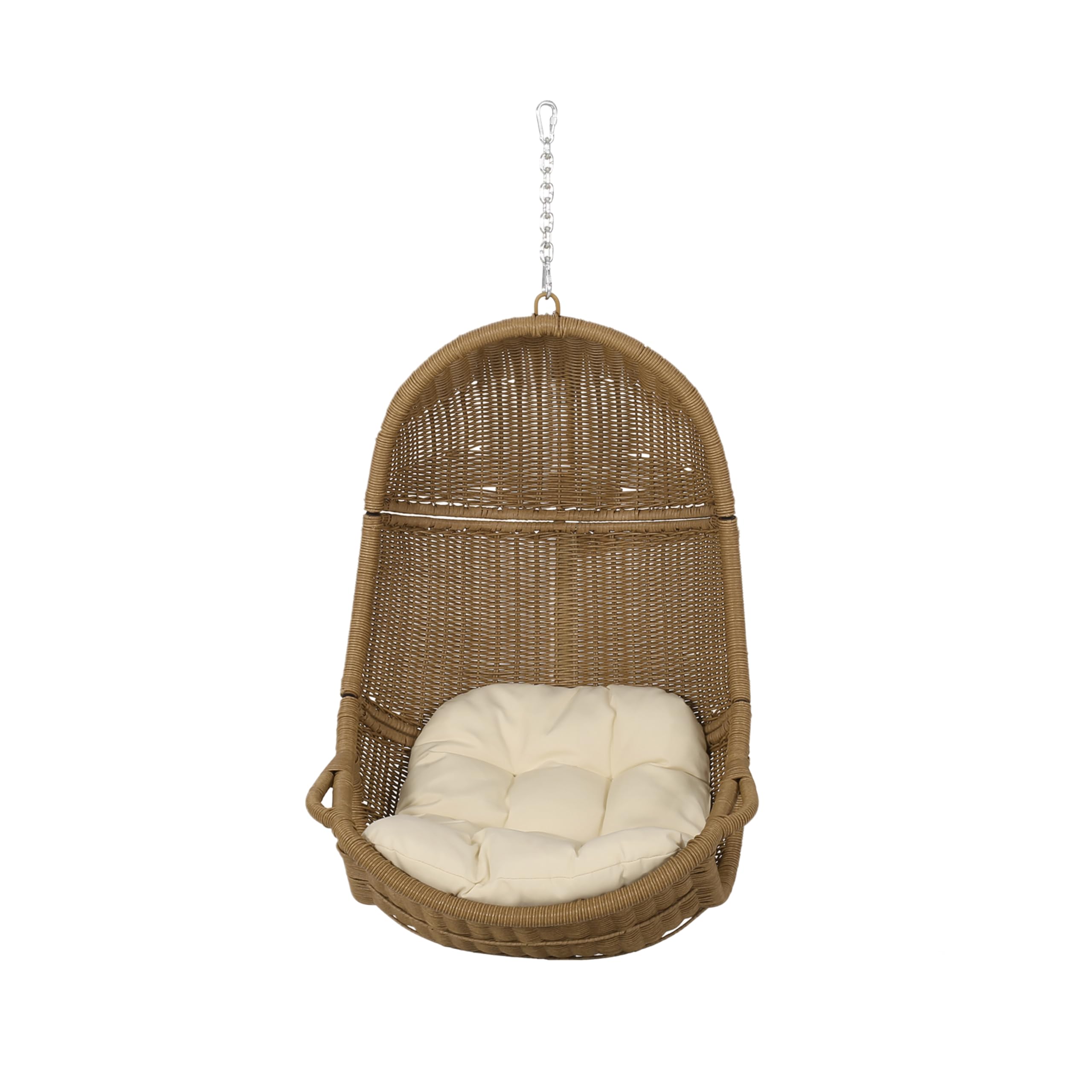 Hanging Basket Chair with Cushion, Outdoor Indoor Basket Chair, Boho Garden Rattan Lounger Porch Swing Furniture, Modern Patio Decor, Brown+Beige