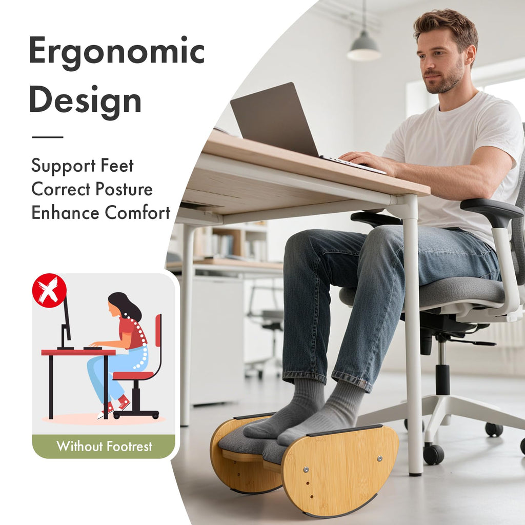 Bamboo Under Desk Footrest with Cushion 3-in-1, Reversible Ergonomic Wood Rocking Foot Rest for Under Desk at Work, Adjustable Foot Stools with Washable Cover, Desk Leg Rest for Home Office