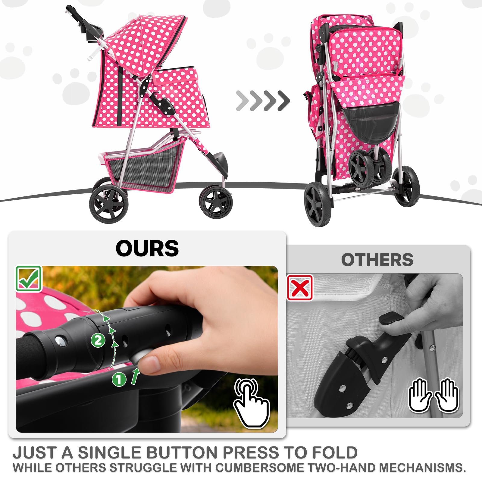 3 Wheels Pet Dog Cat Stroller for Small Medium Dogs Cats, Foldable Jogger Stroller w/Storage Basket and Cup Holder, Hot Pink Polka Dots