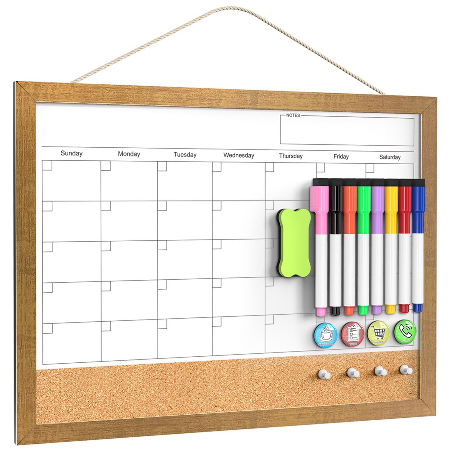 Calendar Whiteboard for Wall, 17x13 Inches White Board Calendar Dry Erase, Small Magnetic Monthly White Board with Gold Wood Frame, Hanging Dry Erase Board for Kitchen Home Office School Planner