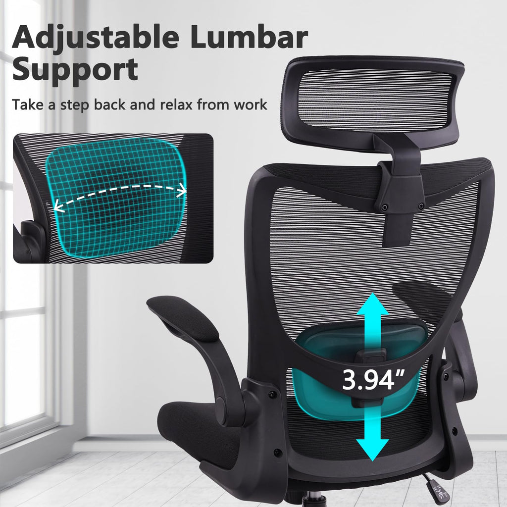 Heavy Duty Ergonomic Mesh Office Chair 400LBS, Big and Tall Desk Chair with Adjustable Lumbar Support & Headrest, Flip Up Padded Arms, Swivel Computer Chair for Home, Study, Conference, Black