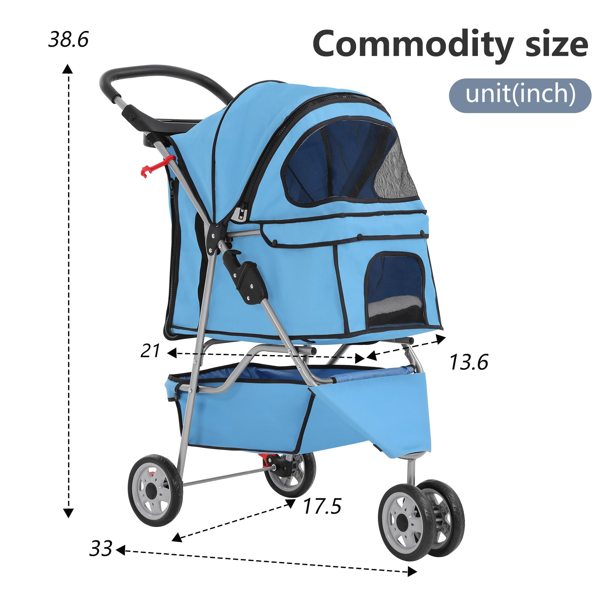 Pet Stroller 3-Wheel Durable Foldable Cat Dog Stroller with Washable Liner Storage Basket Cup Holder,Blue