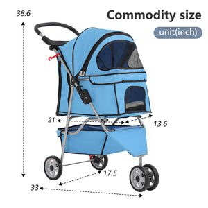 Pet Stroller 3-Wheel Durable Foldable Cat Dog Stroller with Washable Liner Storage Basket Cup Holder,Blue