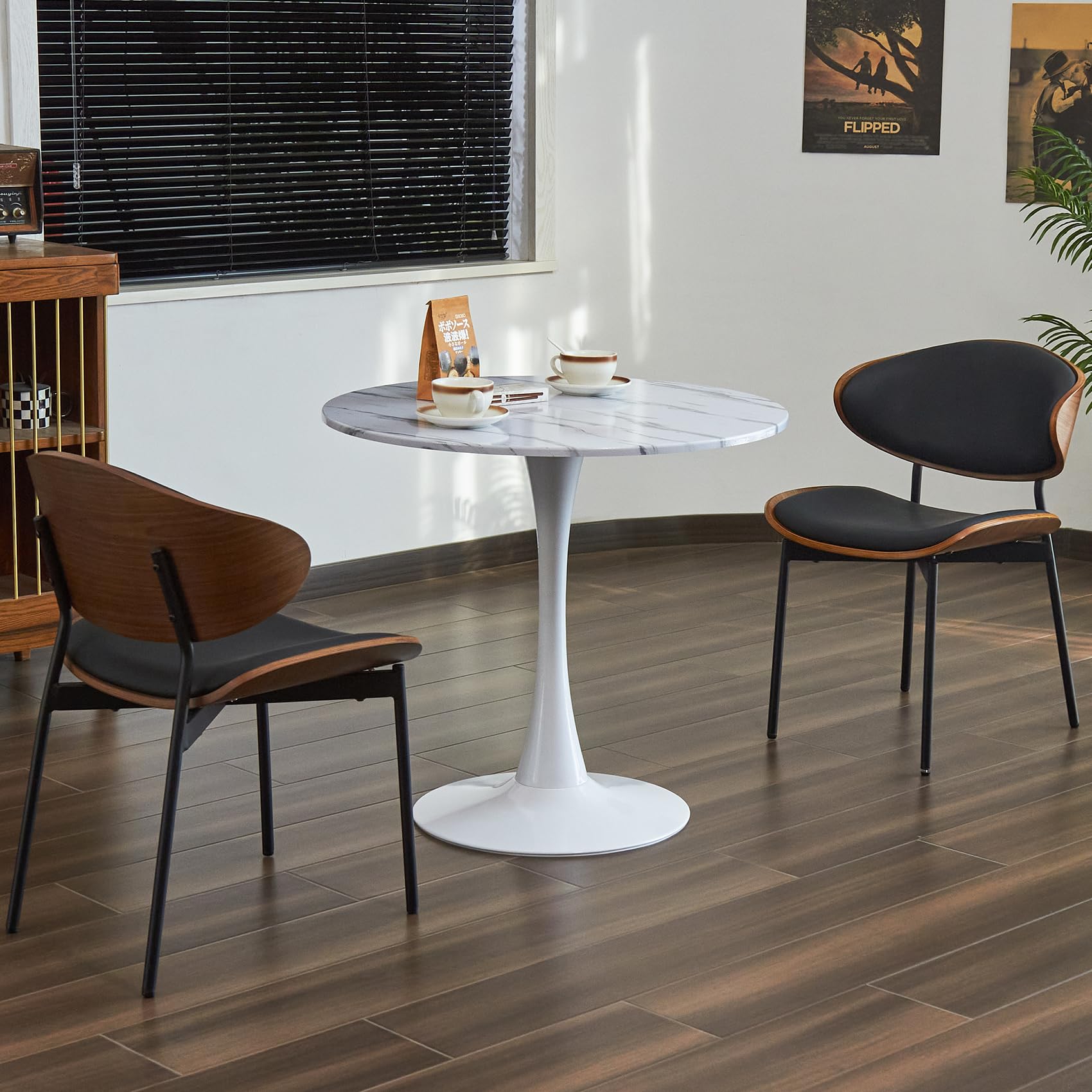 Round Dining Table, 31.5" Circle Tulip Table with Thickened Tabletop & Metal Pedestal, Mid Century Modern Bistro Table for Kitchen, Small Places, Living Room, Cafe (Marble Pattern White)