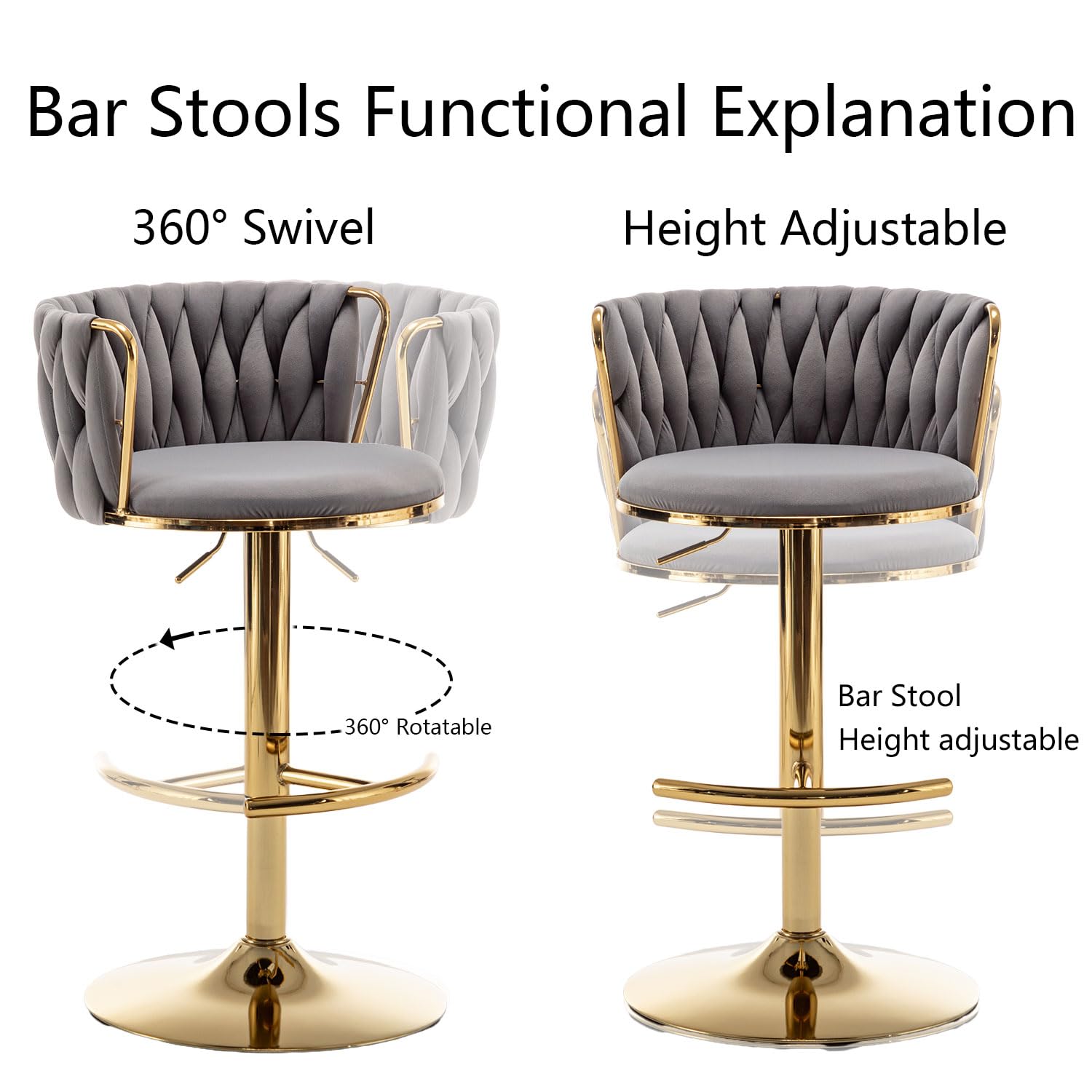 Gold Velvet Bar Stools Set of 2, Swivel Counter Height Bar Stools with Back, Adjustable Woven Barstools for Kitchen Island, Pub, Club (Grey)