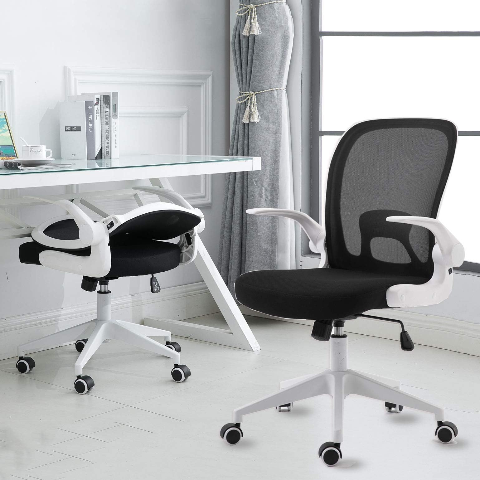 Foldable Office Chair - Home Office Desk Chairs with Wheels and Flip-Up Arms - Ergonomic Backrest Mesh Computer Chair Adjustable Swivel Rolling Home Executive (White)