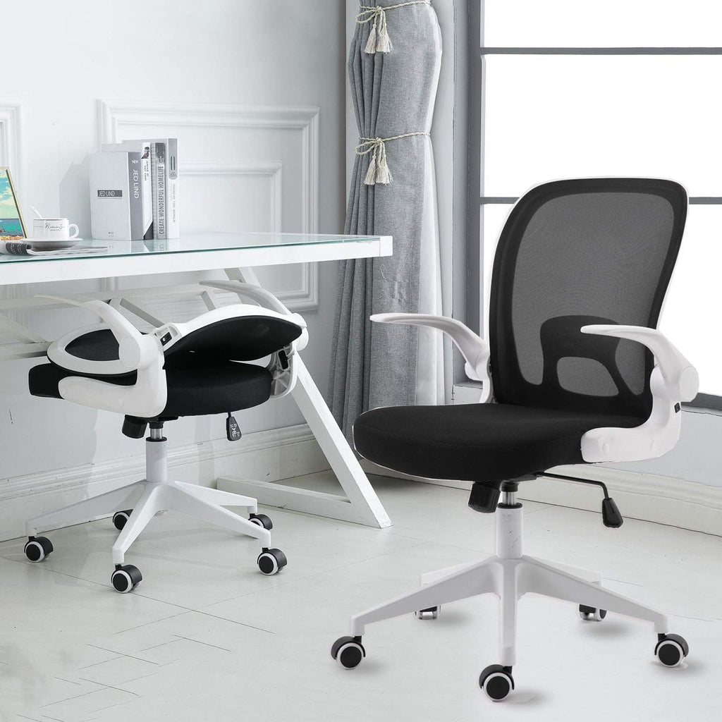 Foldable Office Chair - Home Office Desk Chairs with Wheels and Flip-Up Arms - Ergonomic Backrest Mesh Computer Chair Adjustable Swivel Rolling Home Executive (White)