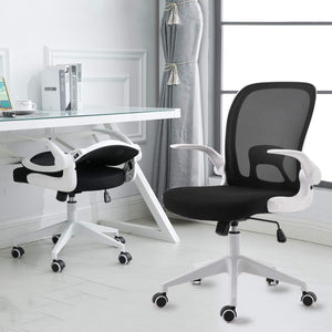 Foldable Office Chair - Home Office Desk Chairs with Wheels and Flip-Up Arms - Ergonomic Backrest Mesh Computer Chair Adjustable Swivel Rolling Home Executive (White)