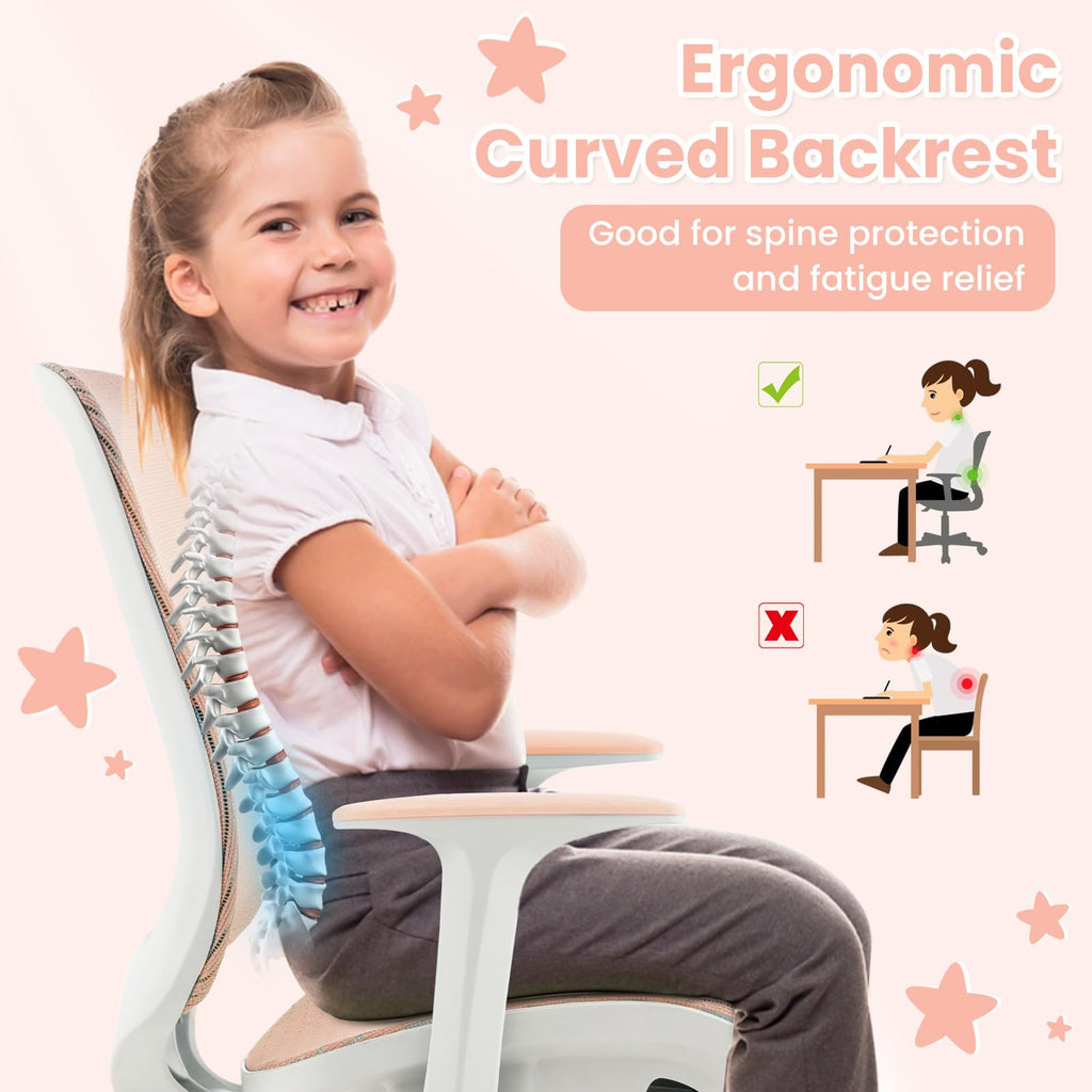 Kids Desk Chair, Height Adjustable Children Study Computer Chair with Armrests, Sit-Brake Casters, Swivel Mesh Task Chair for Boys Girls Teens Students, Kids Chair for Home, Office, School