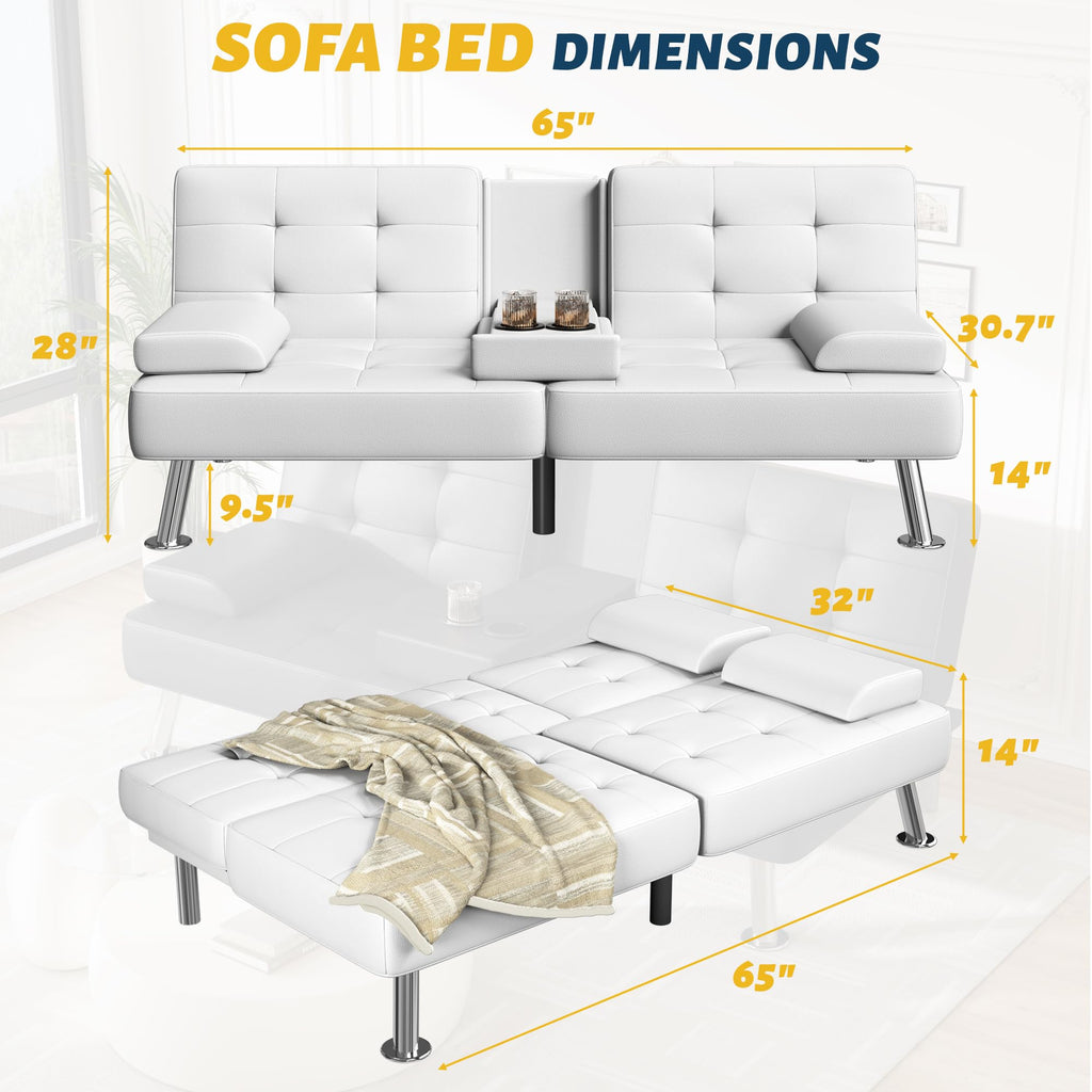 Sofa Bed Adjustable Futon Couch Sleeper Sofa Bed for Living Room, Business Office, Recliner Sofas with Cup Holders (PU Leather, White)