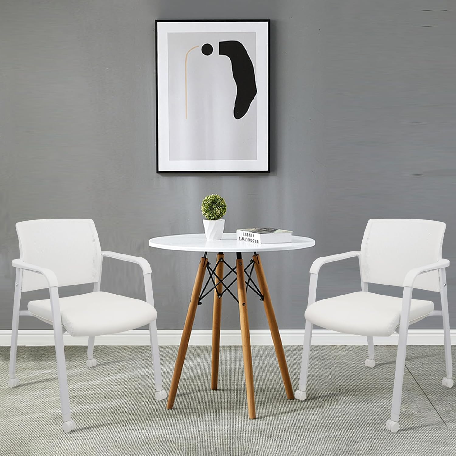 Set of 8, White, Stacking Office Chairs with Wheels | Mesh Back, Thicken Leather Seat and Streamline Armrests, Ergonomic Lumber Support | School, Desk, Guest Reception, Waiting, Conference |