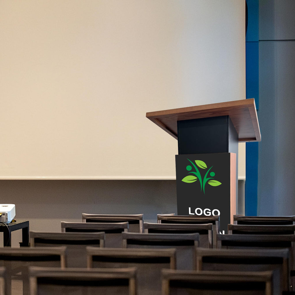 Customizable Wood Podium,Wooden Lectern Stand,15MM Particle Board,Elegant Design with Storage, Lockable Wheels, Mic Stand Space, Wooden Pulpit for Restaurants,Churches, Seminars and Schools
