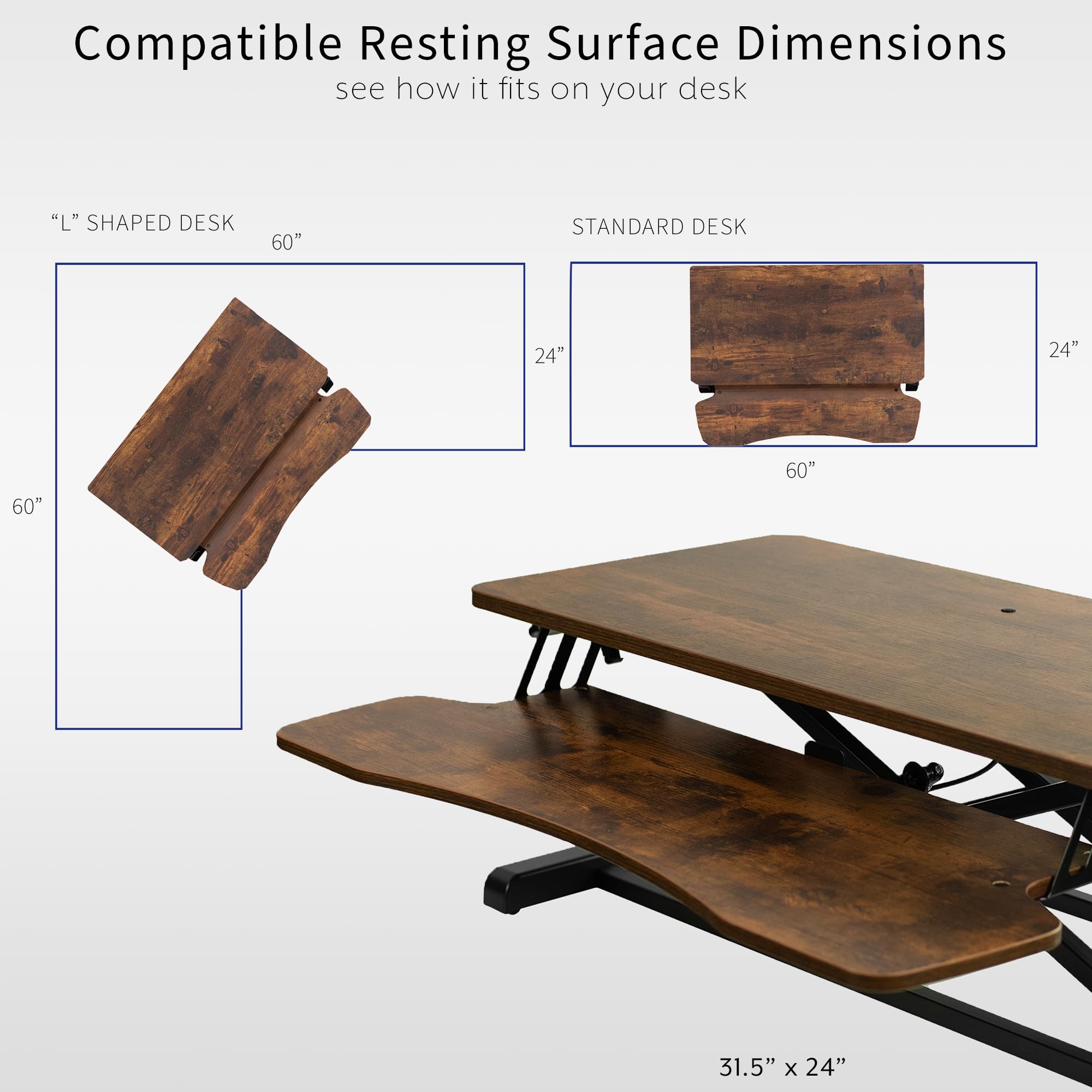 32 inch Desk Converter, K Series, Height Adjustable Sit to Stand Riser, Dual Monitor and Laptop Workstation with Wide Keyboard Tray, Vintage Brown Top, Black Frame, DESK-V000KN