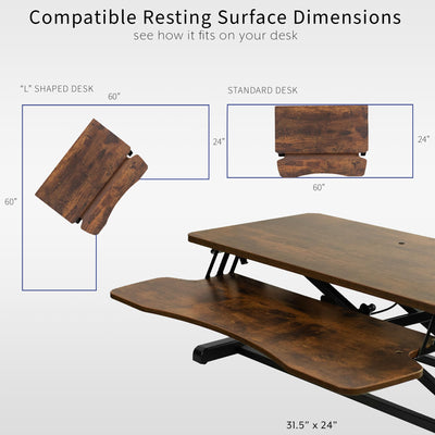 32 inch Desk Converter, K Series, Height Adjustable Sit to Stand Riser, Dual Monitor and Laptop Workstation with Wide Keyboard Tray, Vintage Brown Top, Black Frame, DESK-V000KN