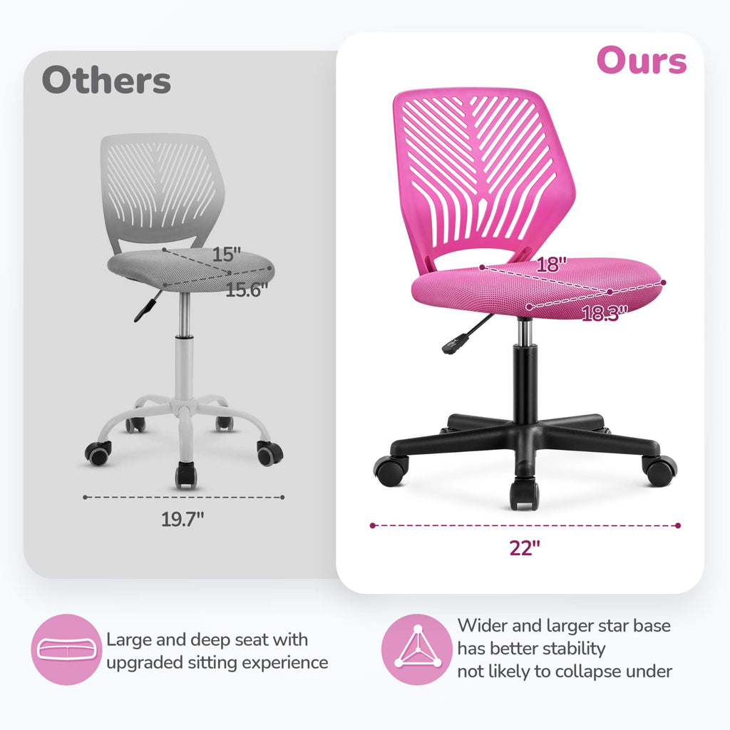 Students Cute Desk Chair Low-Back Armless Study Chair w/Lumbar Support Adjustable Swivel Chair in Home Bedroom School, Rose Red