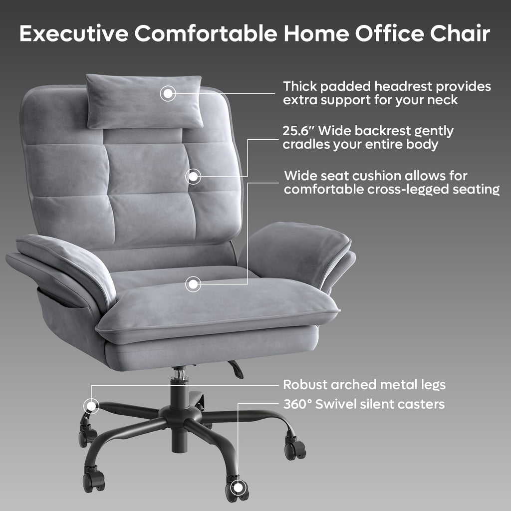 Criss Cross Chair with Flip-Up Armrests and Headrest, 135° Reclining Swivel Executive Chair with Side Pockets, Big and Tall Computer Desk Chair for Home Office Bedroom, Grey Velvet