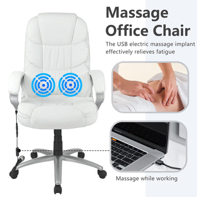 Office Chair Massage Computer Chair High Back Adjustable Desk Chair Rolling Swivel Executive Chair PU Leather with Lumbar Support Arms Headrest Task Chair,White