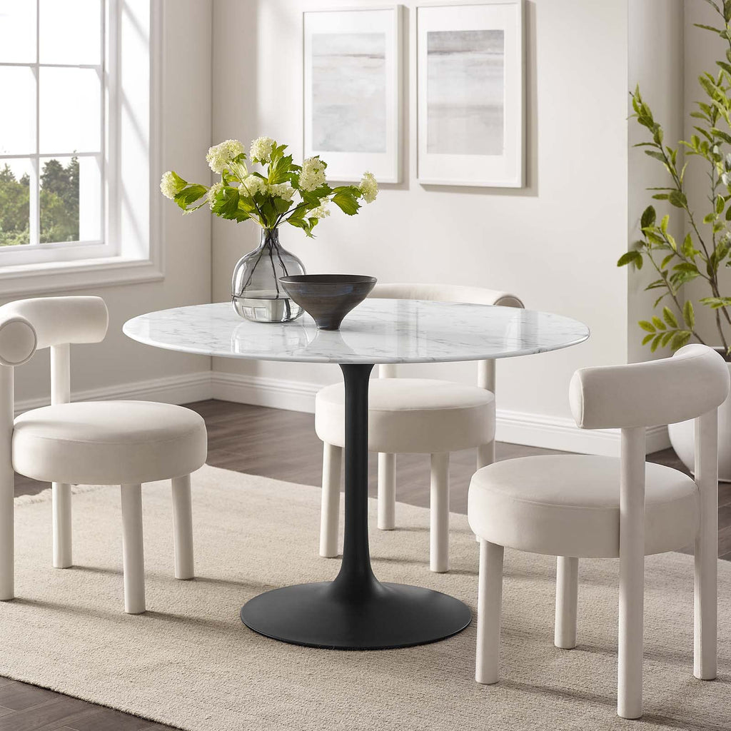 47" Round Artificial Marble Dining Table, Top, Black Base