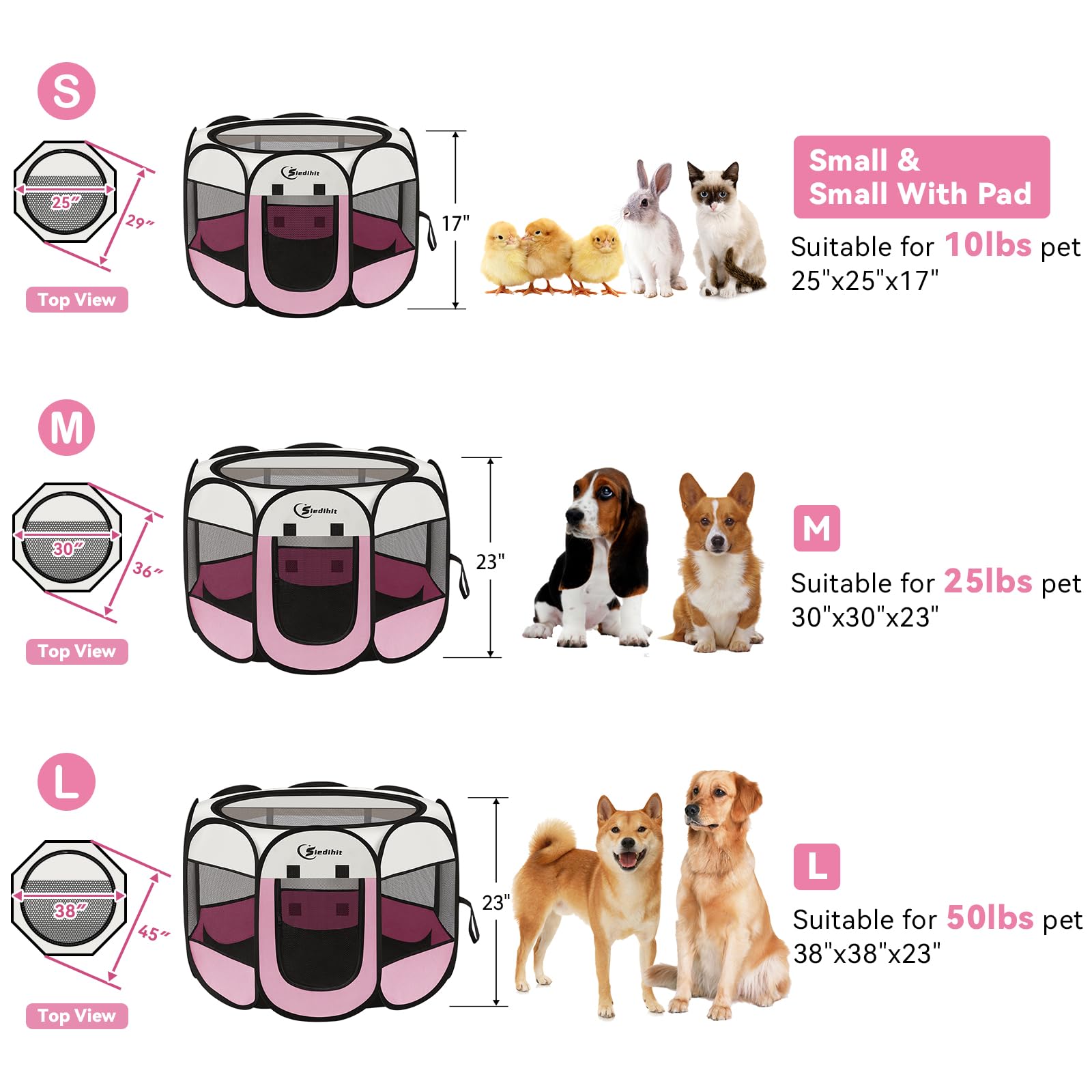Pink Puppy Playpen for Middle Dog Cat, Dog Tent Crates Cage Indoor/Outdoor, Portable Pop Up Dog Kennel with Carrying Bag for Rabbits, (Pink, Medium)