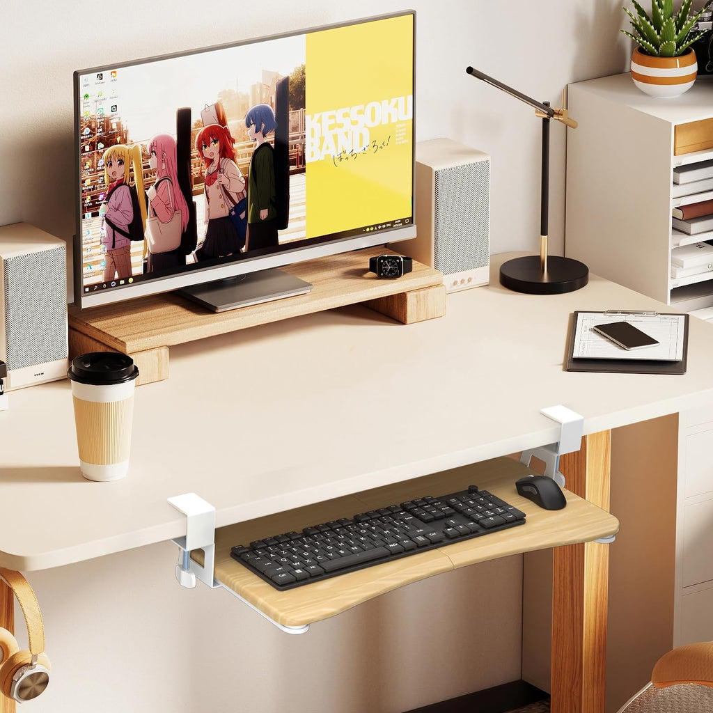 Keyboard Tray Under Desk Pull Out with C Clamp Mount, Computer Keyboard & Mouse Tray, 25.6 (30 Including Clamps) x 11.8 inch Slide-Out Platform Computer Drawer for Typing, Light Wood, DSF1QM