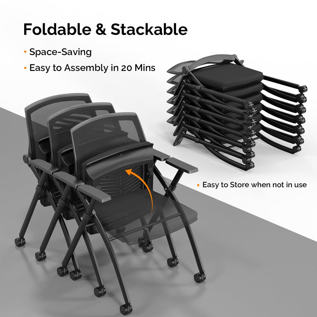 1 Pack Stackable Conference Room Chairs with Wheels, Folding Office Chair with Rebound Back, Padded Seat for Training Room, Guest, Reception, Event, Capacity 350lbs, Black