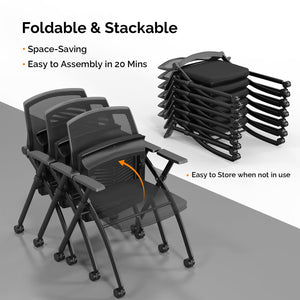 10 Pack Stackable Conference Room Chairs with Wheels, Folding Office Chair with Rebound Back, Padded Seat for Training Room, Guest, Reception, Event, Capacity 350lbs, Black