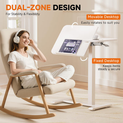 Tiltable Mobile Small Standing Desk, Pneumatic Adjustable Height Overbed Bedside Table with Wheels, Sit Stand Portable Rolling Laptop Desk Computer Workstations, White