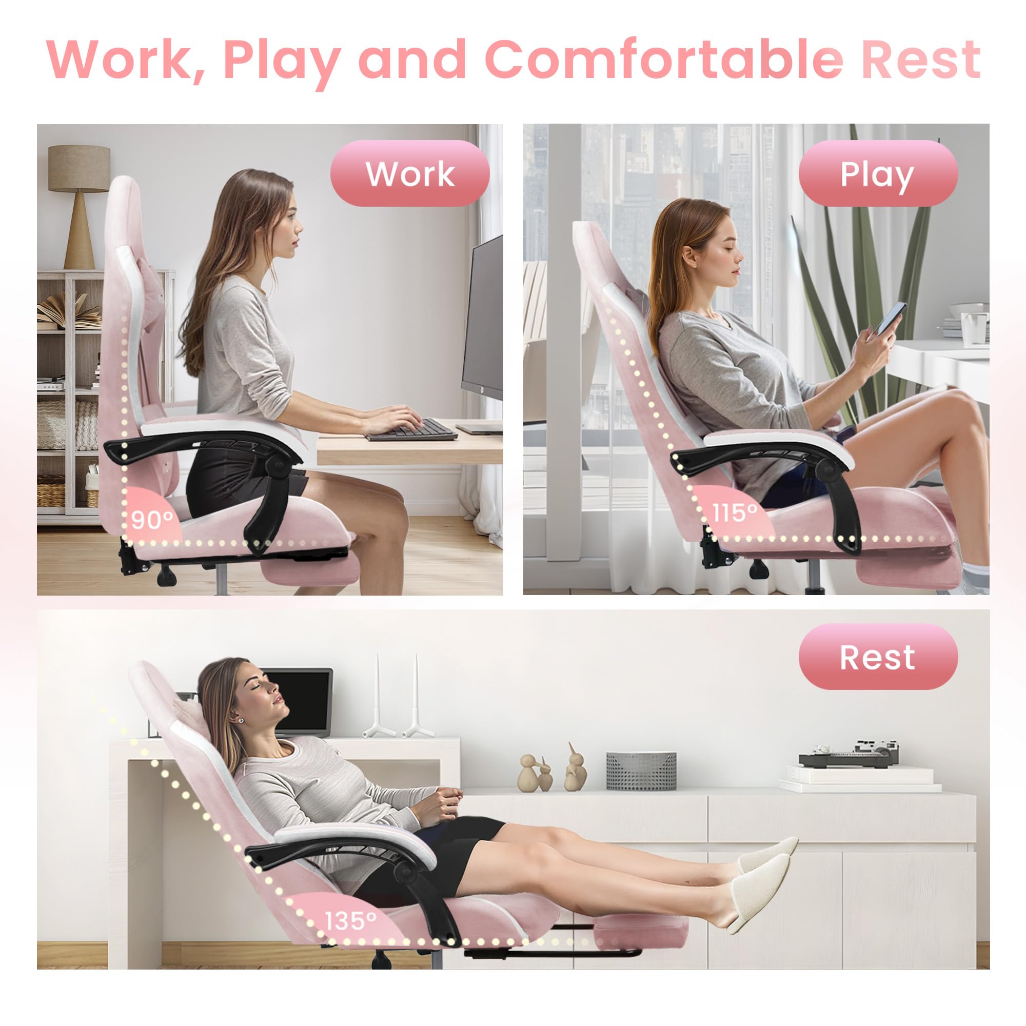 Video Gaming Chair with Footrest Lumbar Support for Home Office High Back Recliner Height Adjustable Ergonomic Comfy Fabric Computer Desk Chair (Pink)