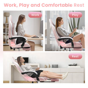Video Gaming Chair with Footrest Lumbar Support for Home Office High Back Recliner Height Adjustable Ergonomic Comfy Fabric Computer Desk Chair (Pink)