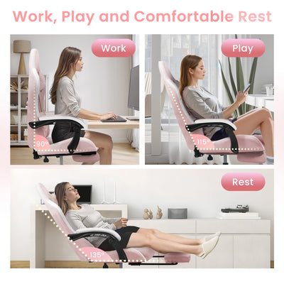 Video Gaming Chair with Footrest Lumbar Support for Home Office High Back Recliner Height Adjustable Ergonomic Comfy Fabric Computer Desk Chair (Pink)