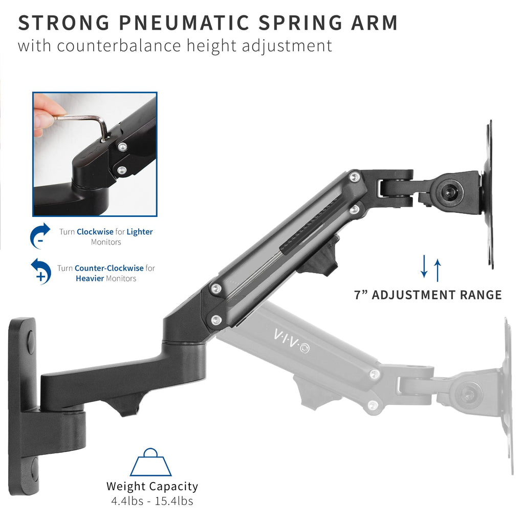 Premium Aluminum Single LCD Monitor Wall Mount for Screens up to 32 inches, Pneumatic Adjustable Arm fits up to VESA 100x100, MOUNT-G100B