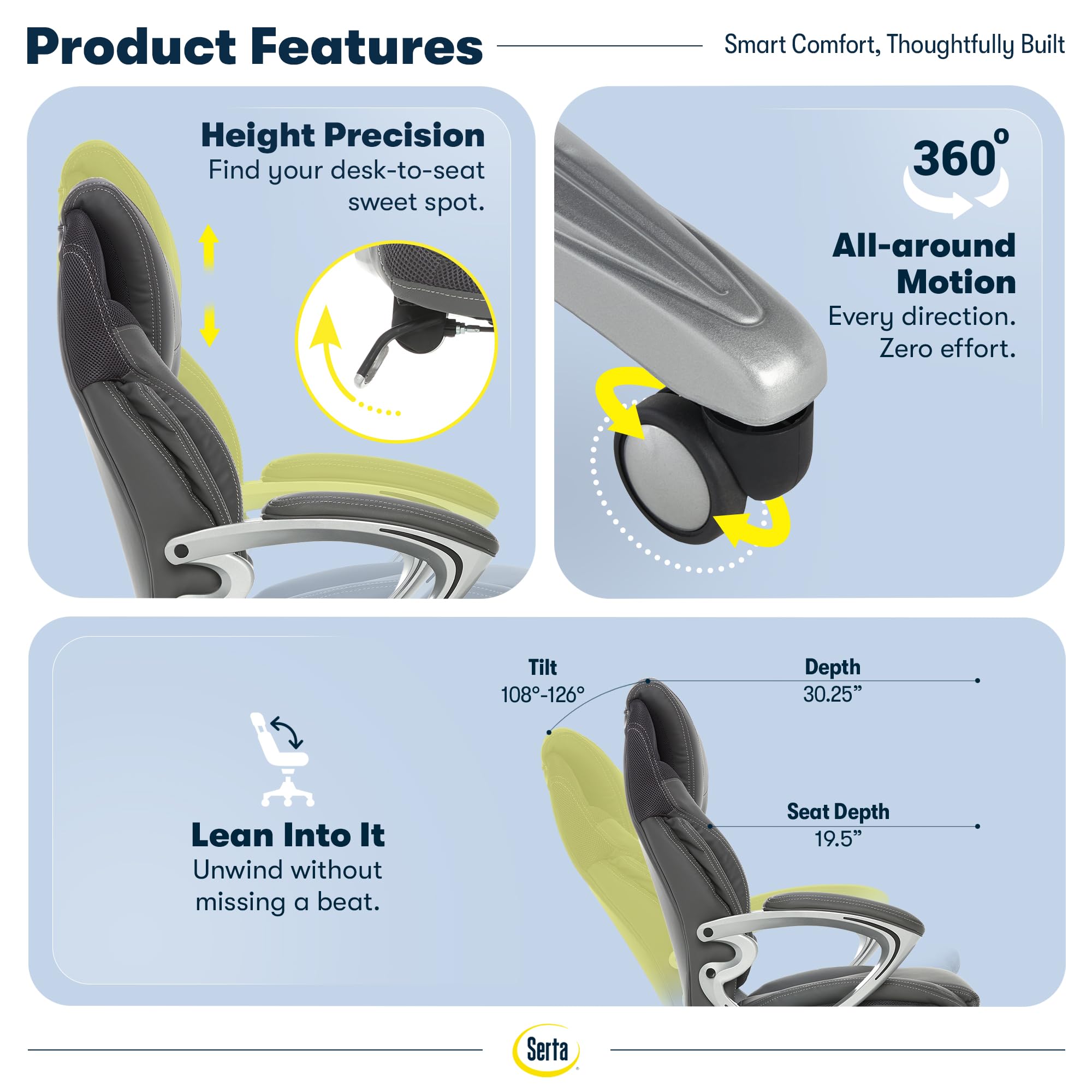 Executive Office Chair - Ergonomic Computer Desk Chair with Patented AIR Lumbar Technology - Adjustable Height - Memory Foam Body Pillows - 360° Swivel Rolling Base - Bonded Leather - Gray