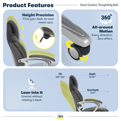 Executive Office Chair - Ergonomic Computer Desk Chair with Patented AIR Lumbar Technology - Adjustable Height - Memory Foam Body Pillows - 360° Swivel Rolling Base - Bonded Leather - Gray