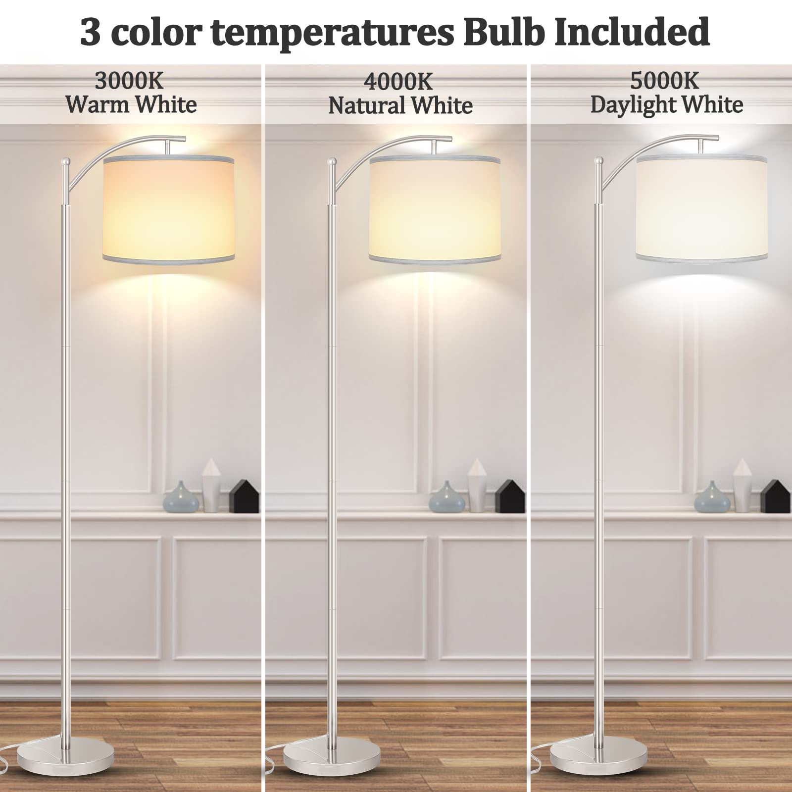Floor Lamp for Living Room, LED Standing Lamp with 2 Lamp Shades for Bedroom, 9W LED Bulb Included - Silver
