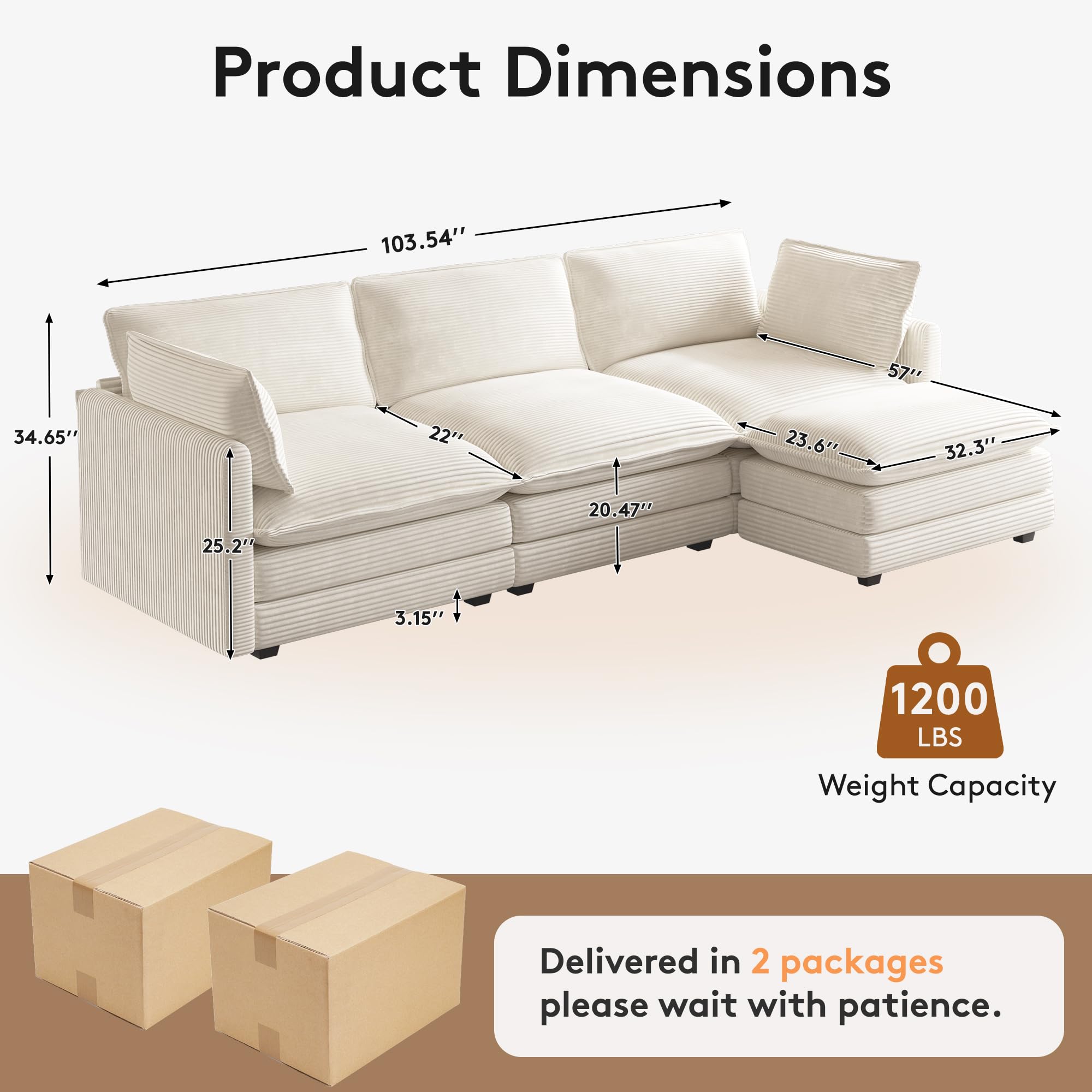 104'' Modular Sectional Cloud Couch with Movable Ottoman, 4 Seat Modern Corduroy Sofa, Deep Seat L Shaped Couch for Living Room Bedroom Apartment, Beige