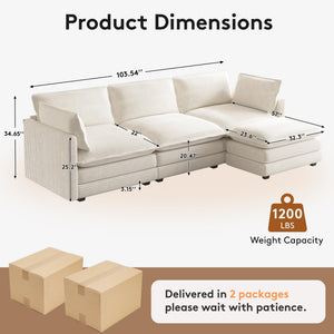 104'' Modular Sectional Cloud Couch with Movable Ottoman, 4 Seat Modern Corduroy Sofa, Deep Seat L Shaped Couch for Living Room Bedroom Apartment, Beige