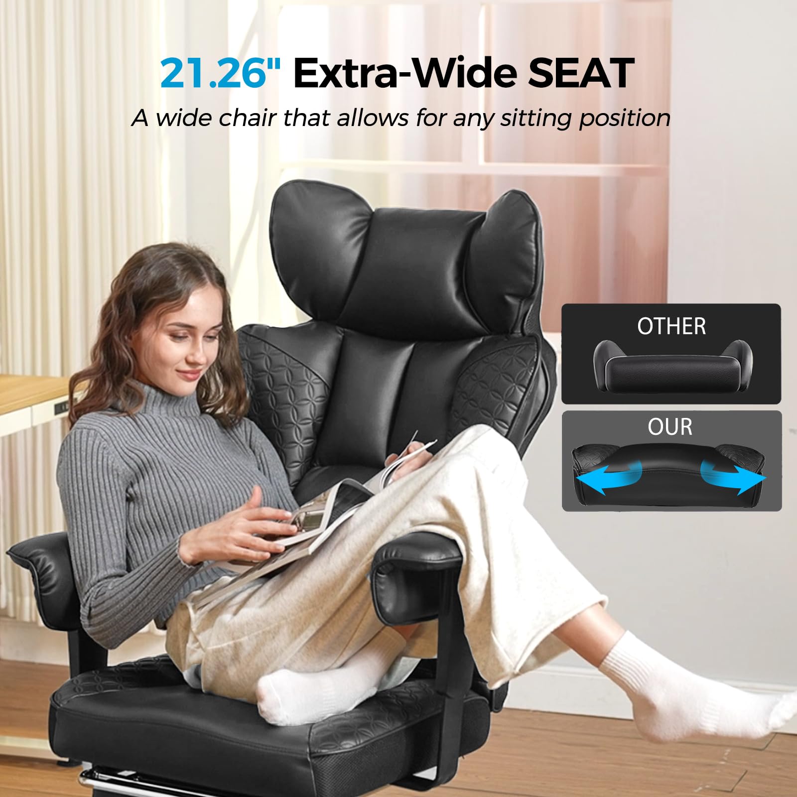 Big and Tall Office Chair Heavy Duty Wide Ergonomic Gaming Chair with Deluxe Embossing Designed Leather with Foot Rest,150°Reclining Adjustable Armrests Pocket Spring Back Support and Pillow