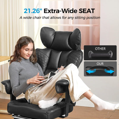 Big and Tall Office Chair Heavy Duty Wide Ergonomic Gaming Chair with Deluxe Embossing Designed Leather with Foot Rest,150°Reclining Adjustable Armrests Pocket Spring Back Support and Pillow