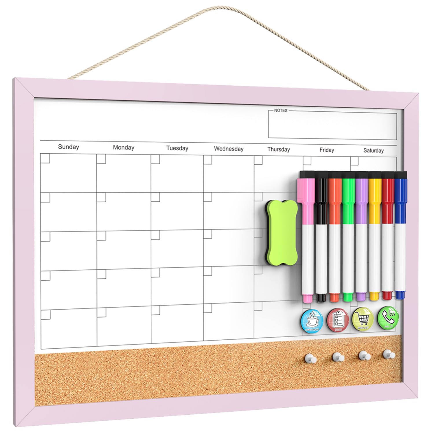 Dry Erase Calendar Cork Board Combo, 17x13 Inches Calendar Whiteboard for Wall, Small Magnetic White Board with Pink Wood Framed, Dry Erase Board for Planner Office Kitchen Home Memo