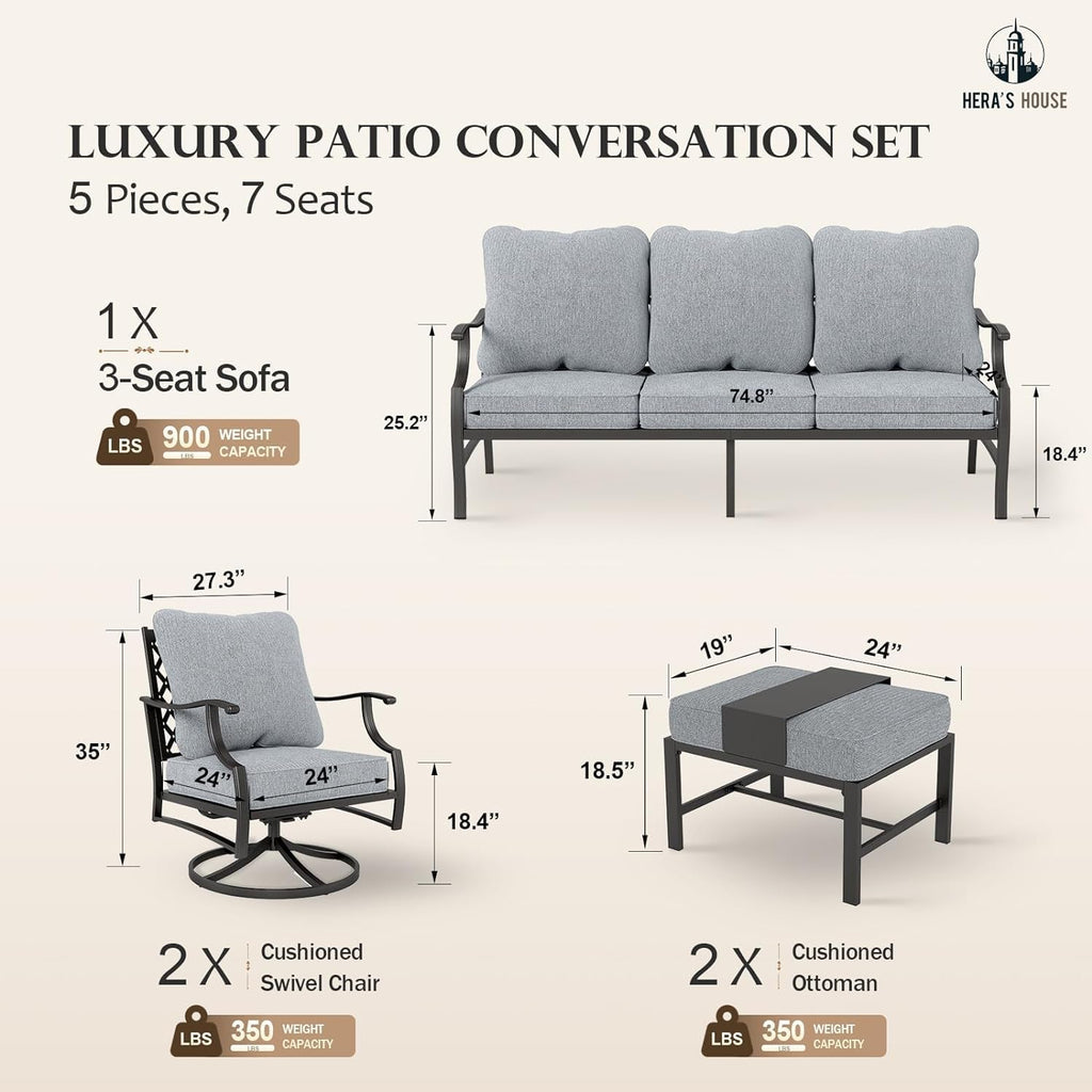 5 Piece Patio Furniture Set, 2 x Swivel Chair, 2 x Ottoman, 1 x 3-Seat Sofa, All Cushioned Outdoor Conversation Set for Lawn Garden Backyard Deck, Grey