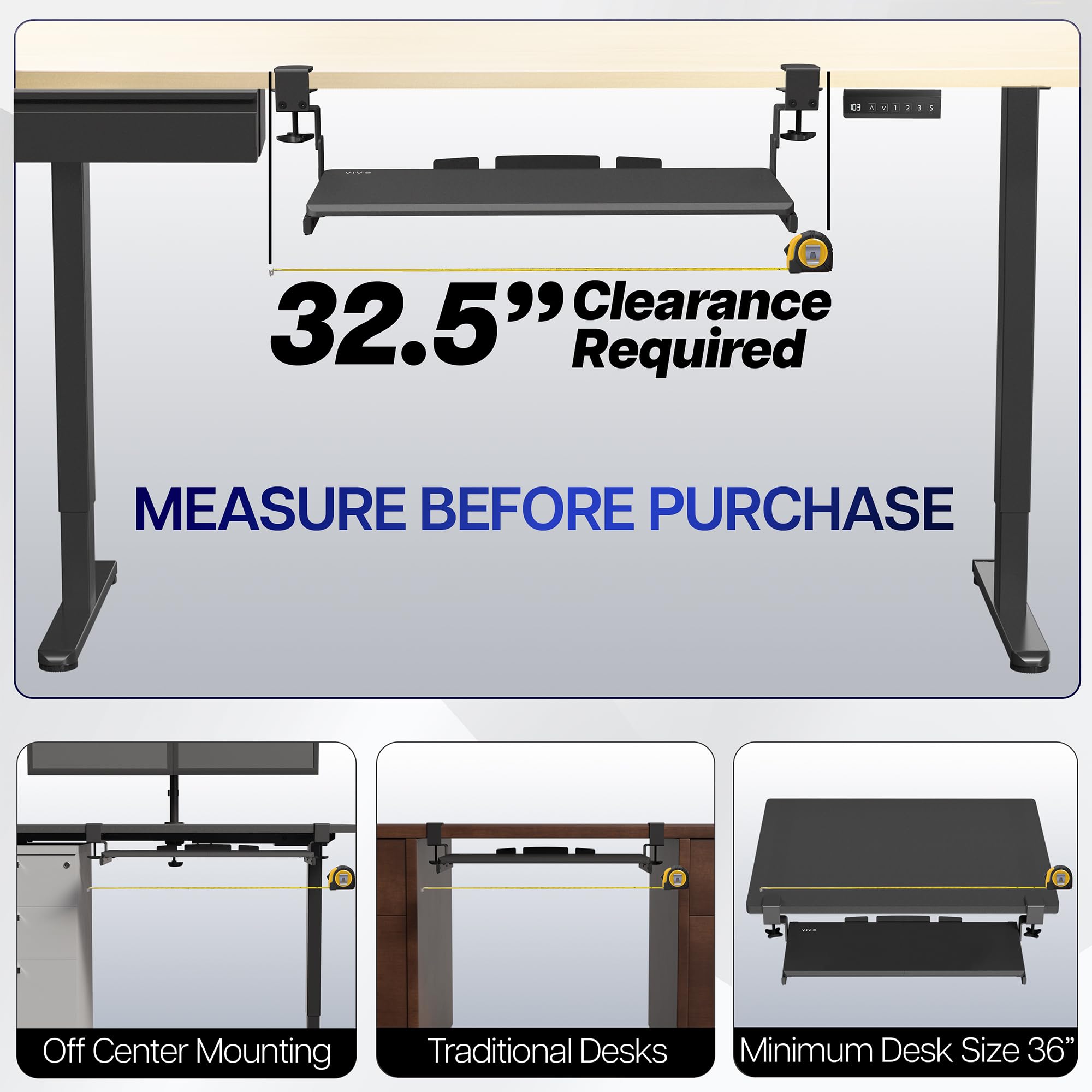 Large Height Adjustable Under Desk Keyboard Tray, C-clamp Mount System, 27 (33 Including Clamps) x 11 inch Slide-Out Platform for Typing, Light Wood, MOUNT-KB05HA
