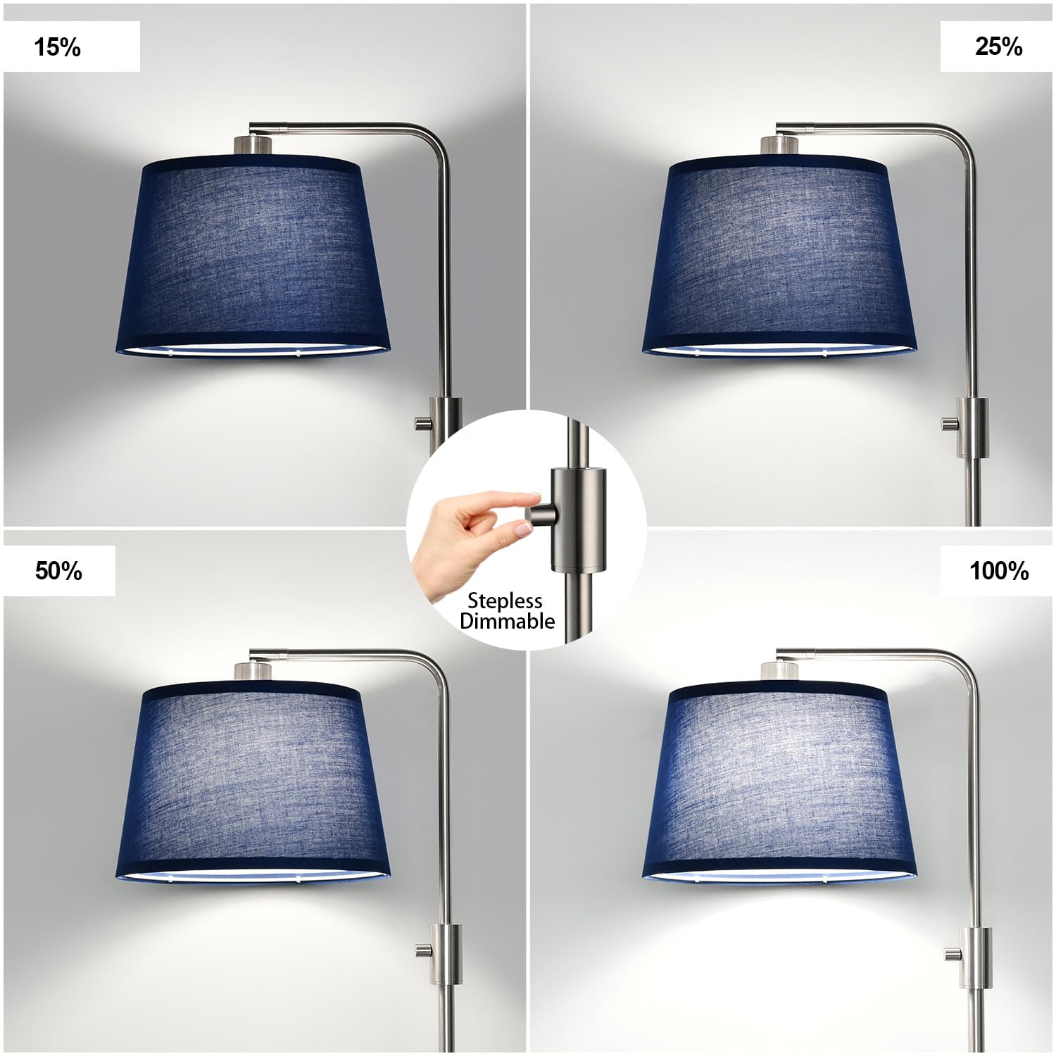 Dimmable Floor Lamp, 1000 Lumens LED Edison Bulb Included, Brushed Nickel Arc Standing Tall Floor Lamp with Blue Shade for Living Room Bedroom Office Dining Room