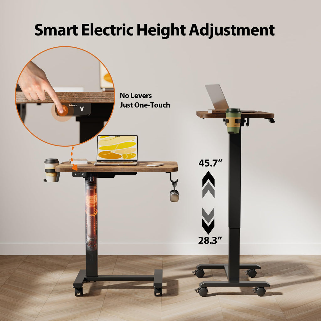 Electric Standing Desk, 26 x 16 Inches Height Adjustable Desk, Sit Stand up for Work Office Home, Ergonomic Rising Computer Table with with Wheels, Rustic Brown